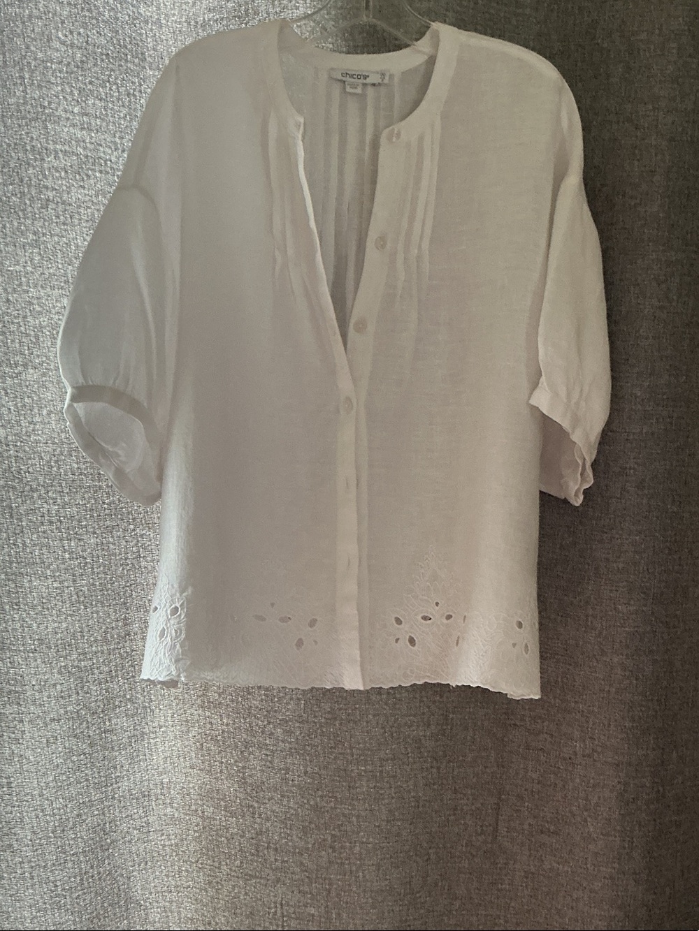 Chico's White Linen Eyelet Hem Button-Down Top
